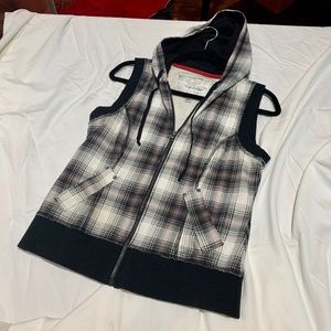 Plaid Hoodie Zip Up Vest L